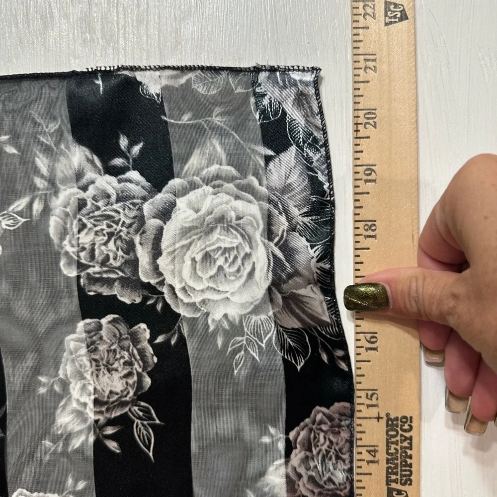 Vintage Korea Black Floral Striped Polyester Scarf 21x21” Square Rose Print